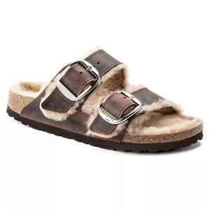 NWOT [Birkenstock] Shearling Big Buckle Brown Oiled Leather Sandal 12 · 43 · 10